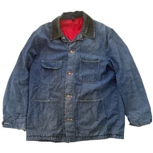 Blue Bell Denim Chore Jacket Mens XL Blue Distressed 1960s Workwear Red Lined